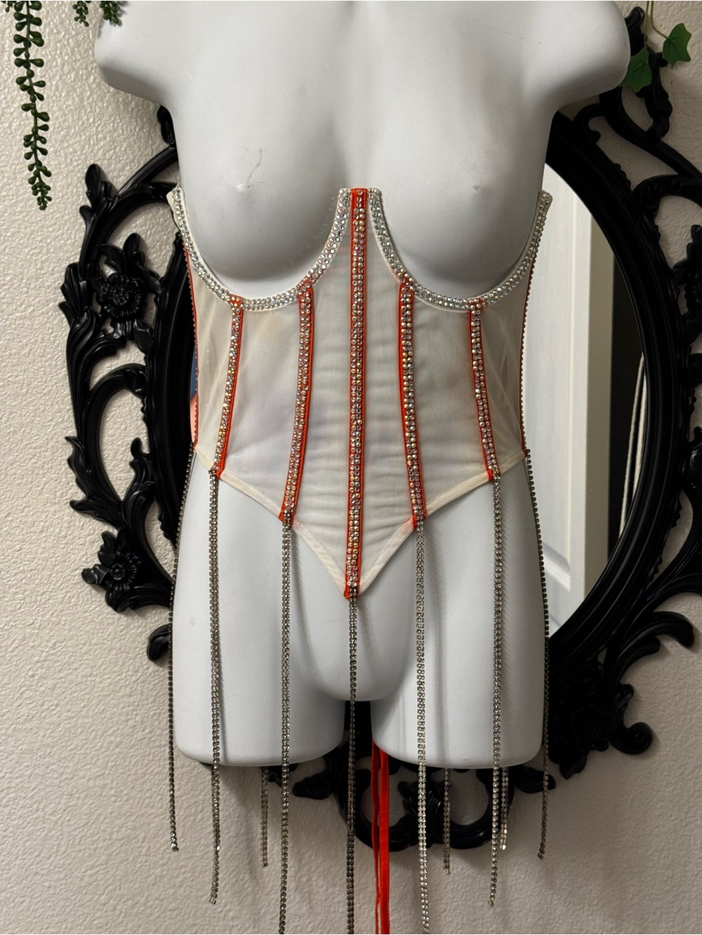SHEIN Ivory Sheer Corset Bodysuit with Orange Trim & Chain Fringe